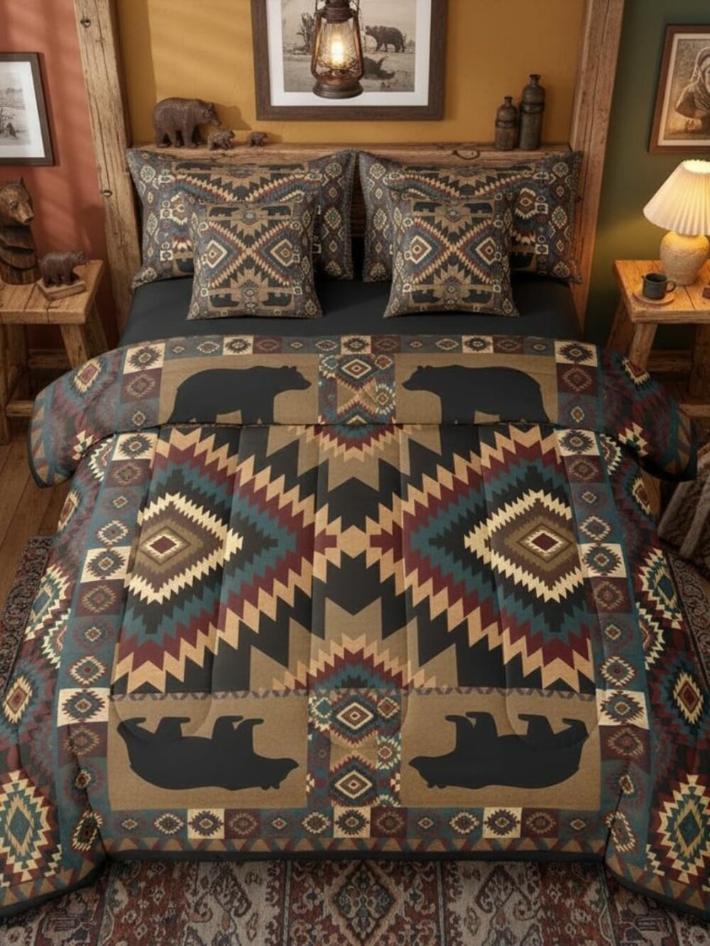Rustic Cabin Bedding Set Twin Farmhouse Lodge Bear Comforter Set 7 Piece Vintage